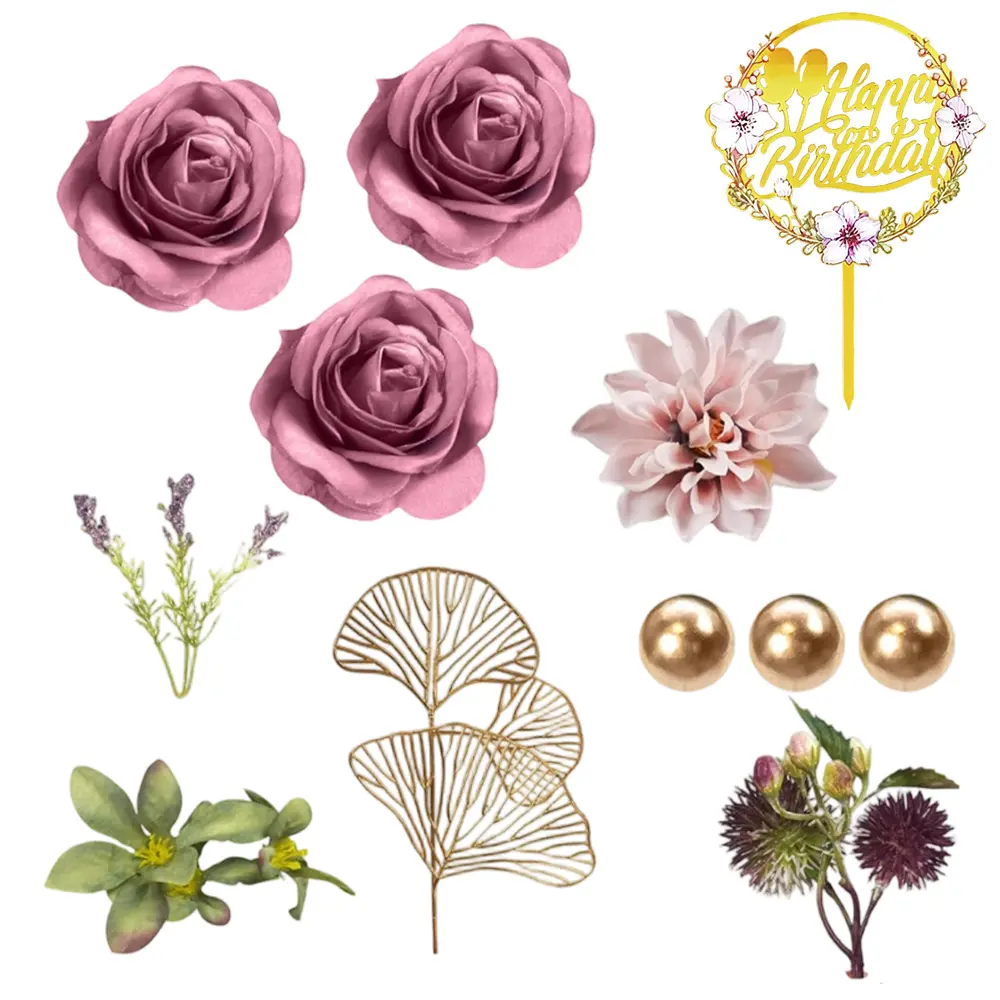 1 Set Flower Cake Toppers Happy Birthday Cake Toppers with Artificial Purple Rose Flowers Eucalyptu Leaves for Wedding Supplies
