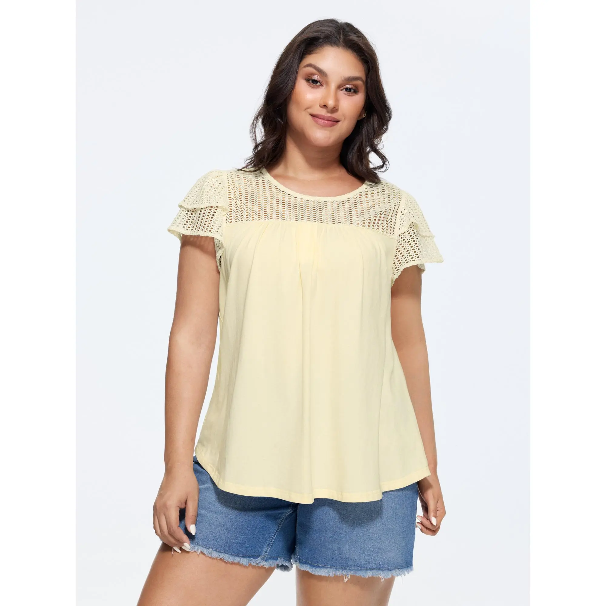 BLOOMCHIC Women's Plus Size Cotton Blend Sheer Hollow Cut-Out Ruffle Detail Short Sleeves Knit Top [M-6X] - Polyester Blend, Soft Smooth Fabric, Flattering Fit Basic Casual Blouse Shirts for Summer, Regular Length, Casual Wear, Plus Size Clothes