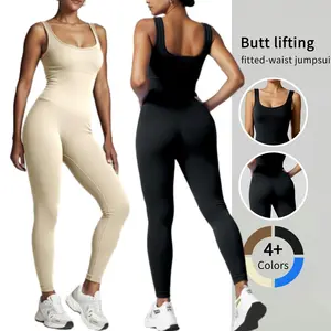 Square Neck Sleeveless Jumpsuit for Women Ribbed Slim Bodycon Romper Solid Workout Sport One Piece Outfits Compression Wear