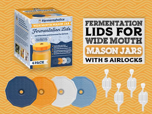 Fermentation Lids with S Airlocks for Wide Mouth Mason Jars - 4 Pack