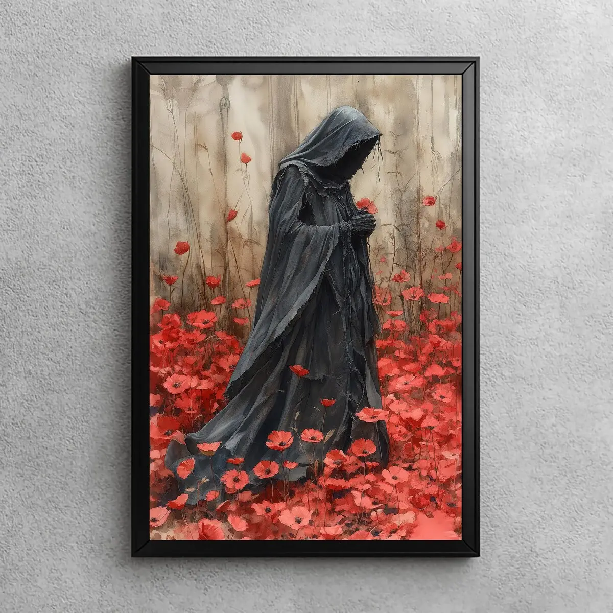 The Grim Reaper in Poppy Field | Dark Academia Wall Art, Gothic Poppy Artwork, Dark Cottagecore Decor, Halloween Vintage Art Print, Unframed