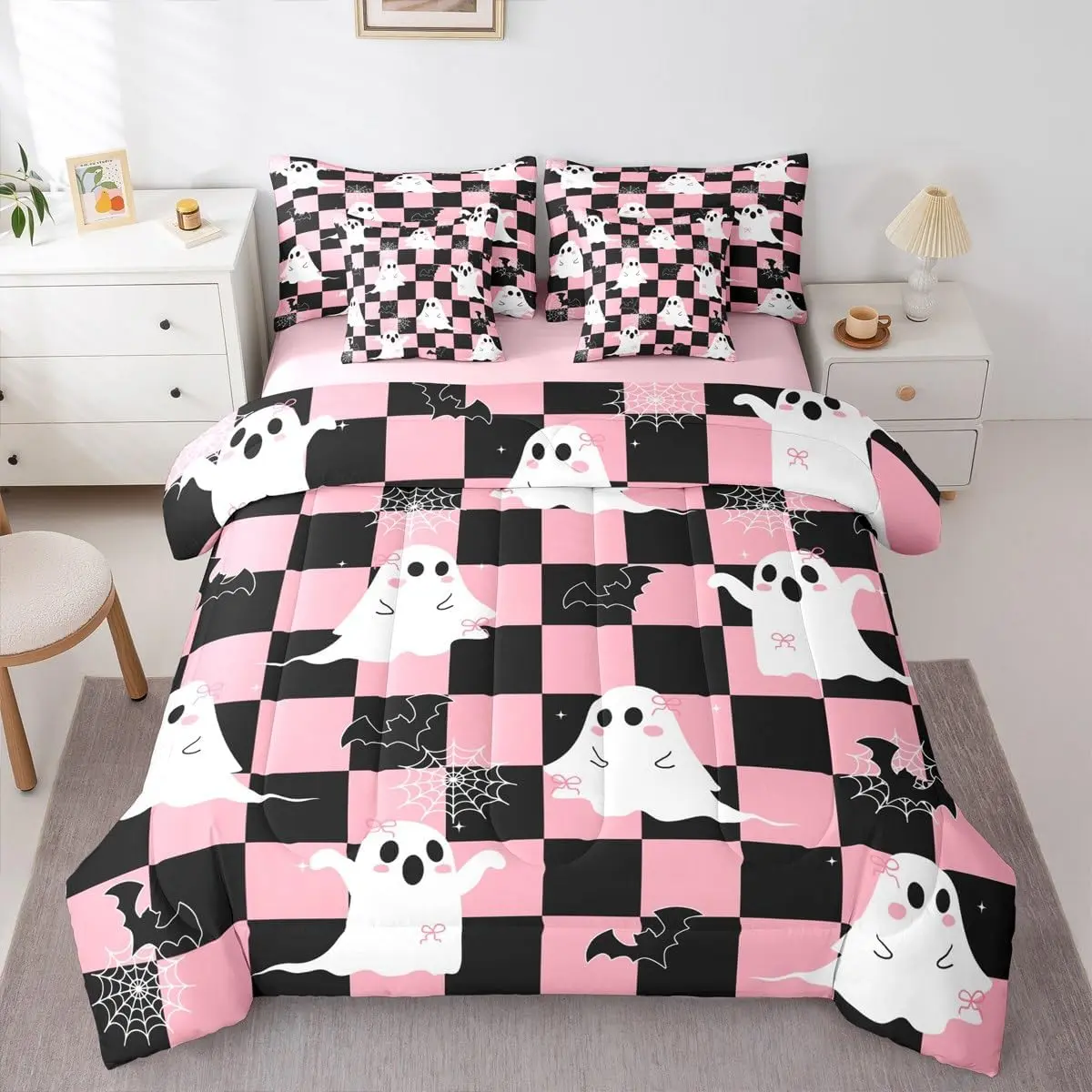 Feelyou 7-Piece Black Pink Halloween Complete Bedding Set - Kawaii Bowknot Ghost Bed-in-A-Bag with Gothic Spider Web, Bat Comforter, Decorative Bedsheet Set, Complete Bedding Sets, Decorative Bedding Set