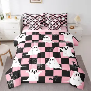 Black Pink Halloween Comforter Set with Sheets, 7 Piece Kawaii Bowknot Ghost Bed in A Bag,Gothic Spider Web Bat Bedding Sets