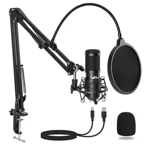USB Microphone Kit, Professional Condenser Microphone with Adjustable Arm Stand & Pop-Filter & Shock Mount, RGB Lighting Effect Silent Button Headphone Jack, for Recording Game Singing, Accessories