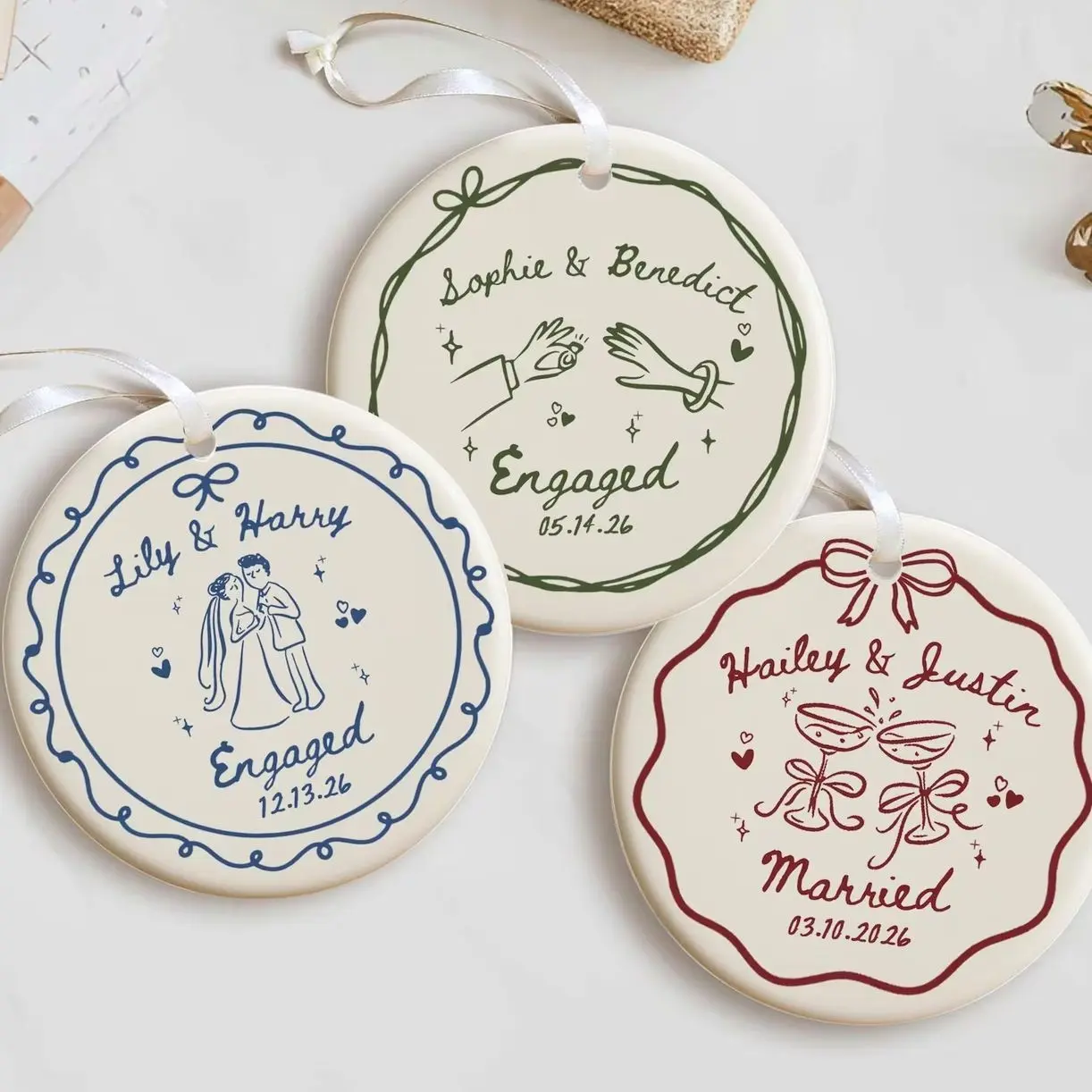 Custom Engagement Ceramic Ornament Gift, Personalized Engagement Gift for Engaged Couples, Wedding Gift Newlyweds, Bride and Groom