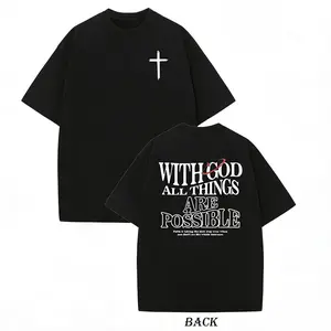 Men’s vintage washed cotton T-shirt — double-sided “With God All Things Are Possible” and cross print, loose hip-hop streetwear fit, crew neck short sleeves, casual tee for everyday wear, ribbed neckline, knit fabric.