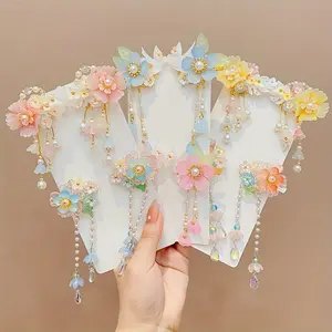 2pcs Set Vintage-Inspired Floral Hair Clips with Tassels & Pearls - Delicate Handcrafted Hanfu Accessories for Girls, Sweet Multicolor Flowers Design, Hair Accessories for Girls