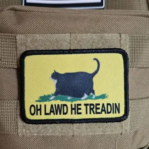 tuxedo cat oh lawd he treadin meme 2"x3" removable morale patch with hook and loop backing fat cat