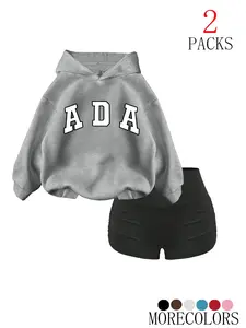 Women's Fall Winter Casual Hooded Sweatshirt Set, Fashion Simple Letter Ada Print, Pocket Pullover Tracksuit & Fitness Shorts, 2 Piece