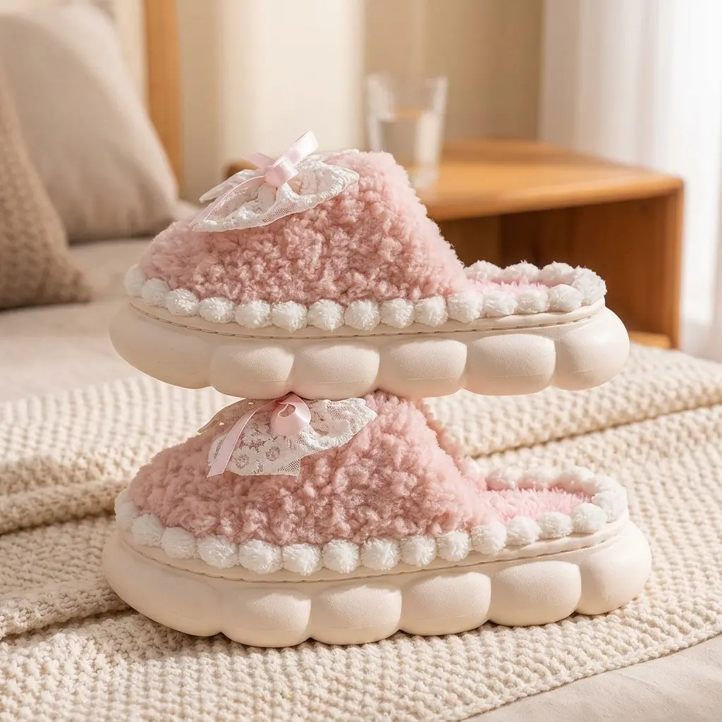 Women's Winter Warm Fur Slide Slippers - Cute Bow Design, Soft Plush Lining, Indoor Use, Textured Anti-Slip Sole, Pink
