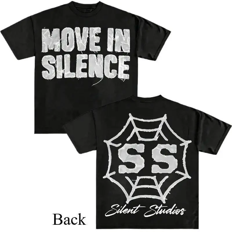 Graphic T-Shirt "Move in Silence" Letters Print Tee, Cotton Short Sleeve Round Neck Casual Shirt, Y2K Streetwear Unisex T-Shirt, Sonder Design Thought Graphic Top, Trendy Street Style Clothing for Women Men, Vintage Casual Fashion Tee