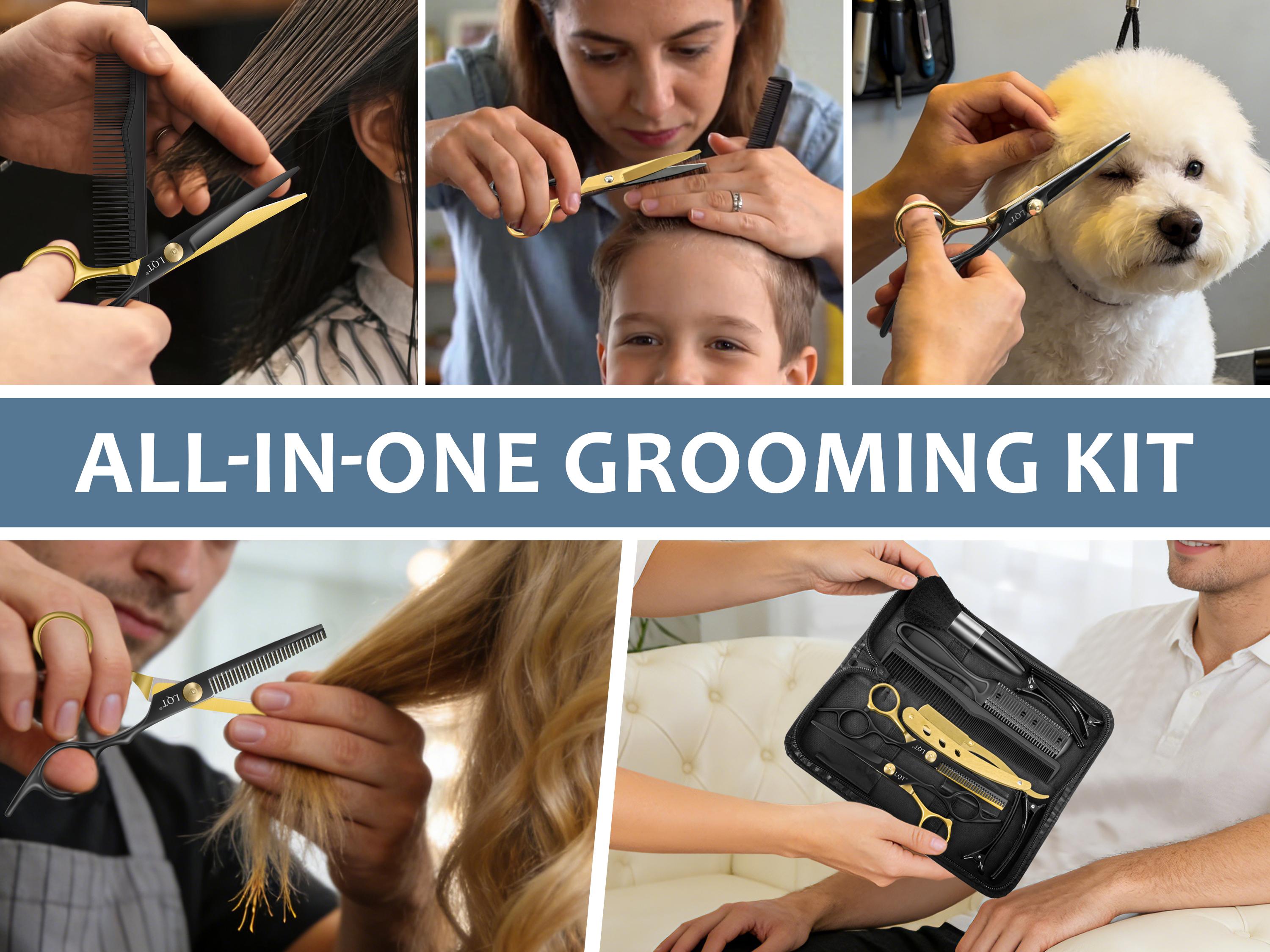 LQT Professional Hair Cutting Scissors Set, 12Pcs Barber Kit with Hair Scissors, Thinning Shears, Razor, Combs, Clips, Neck Duster, Complete Haircut Tools for Home & Salon Use