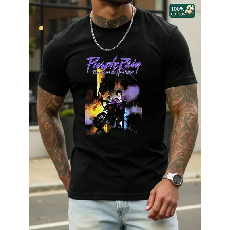 Men's Purple Rain Vintage  Graphic T-Shirt, Retro 80s Prince & The Revolution Hand-Dn Print With N Purple & Bla Accents,  Soft Cotton Casual Tee For Everyday Wear, Perfect Gift For Classic Ro Fans, All-Day Comfort For Work Or Weekend Hangouts