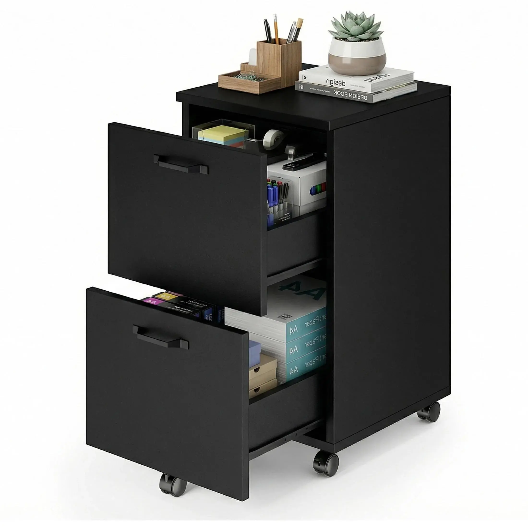 Lockable 2-Drawer Steel Frame Filing Cabinet with Wheel, Under-Desk Space-Saving Office Furniture, Vertical Storage Printer Stand with Smooth Slide Rails, Organizing A4 Size & Letter-Size Papers for Home Offices