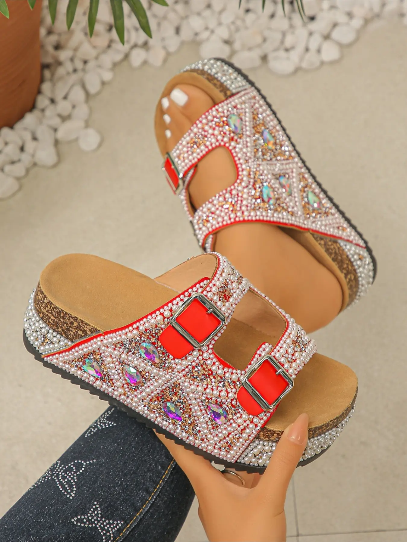 Bohemian vacation-style diamond-encrusted sandals with heavy-duty beaded embroidery and thick soles. Perfect for summer beach outings. Women Footwear