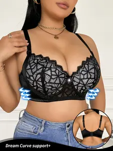 Women's Comfortable Plus Size Everyday Underwire Bra, U-Shaped Lace Push-Up, Medium Support, Casual Style, All Seasons, Ideal for Daily Wear