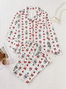 Sweet Strawberry Cartoon Girl Bow Print Women's Pajamas, Soft Fabric, Long Sleeve Top and Pants, Casual Fitted Sleepwear Set