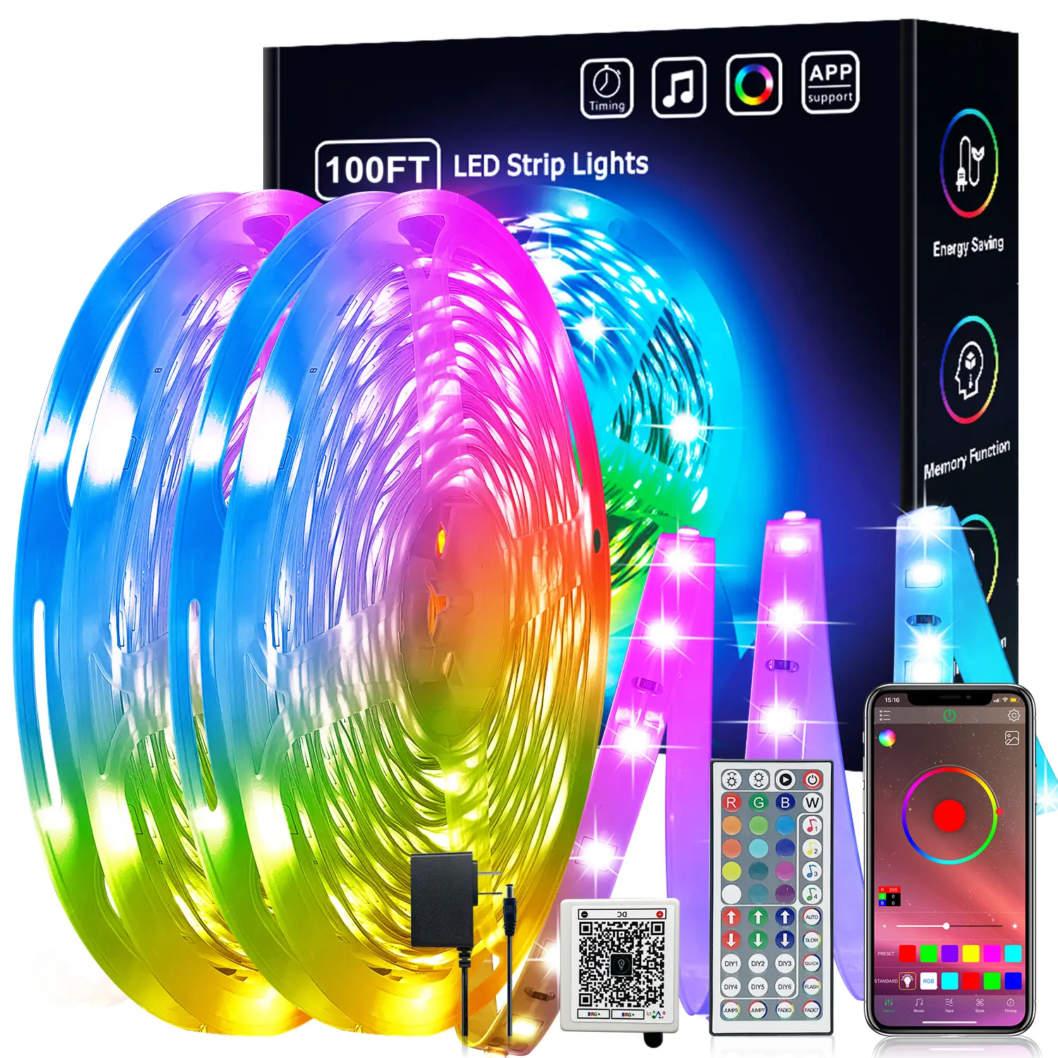 KEXU 100FT RGB LED Light Strip with Smart APP Control & 44-Key Remote Dimmable Color Changing for Home Party Decor Energy Saving Modern Design