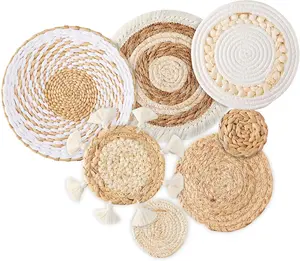 7Pcs Boho Wall Basket Decor, Seagrass Rattan Wicker Wall Decor Round Handmade Hanging Rustic Flat Elegant Wall Art for Farmhouse Living Rooms Bedrooms Display Table Settings Kitchen Home