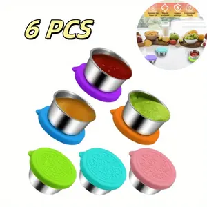 6 Pack of Salad Dressing Container To Go: Small Condiment Containers with Lids,Reusable Stainless Steel Sauce Cups,Leakproof Silicone Lids for Bento Box,Picnic and Travel (Multi Color - 2.36oz) witch  supplies storage gift