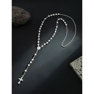 Rhinestone Decorated Beaded Cross Pendant Dainty Fashion Religious Necklace for Men Women Trendy All-match Exquisite Jewelry Birthday Gift