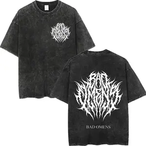 Vintage Acid Washed Bad Omens Metalcore Graphic T-Shirt, Unisex Heavyweight Cotton Short Sleeve, Gothic Y2K Fashion, Retro Rock Pop Music Streetwear, Loose Casual Trendy Top for Men and Women