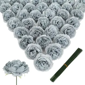 50 Pcs Dusty Blue Rose Heads Artificial Flowers with Stems 3.3'' Faux Silk Rose Flowers for DIY Wedding Bridal Bouquet Floral Arrangements Home Party Tables Centerpieces Decor (Dusty Blue)