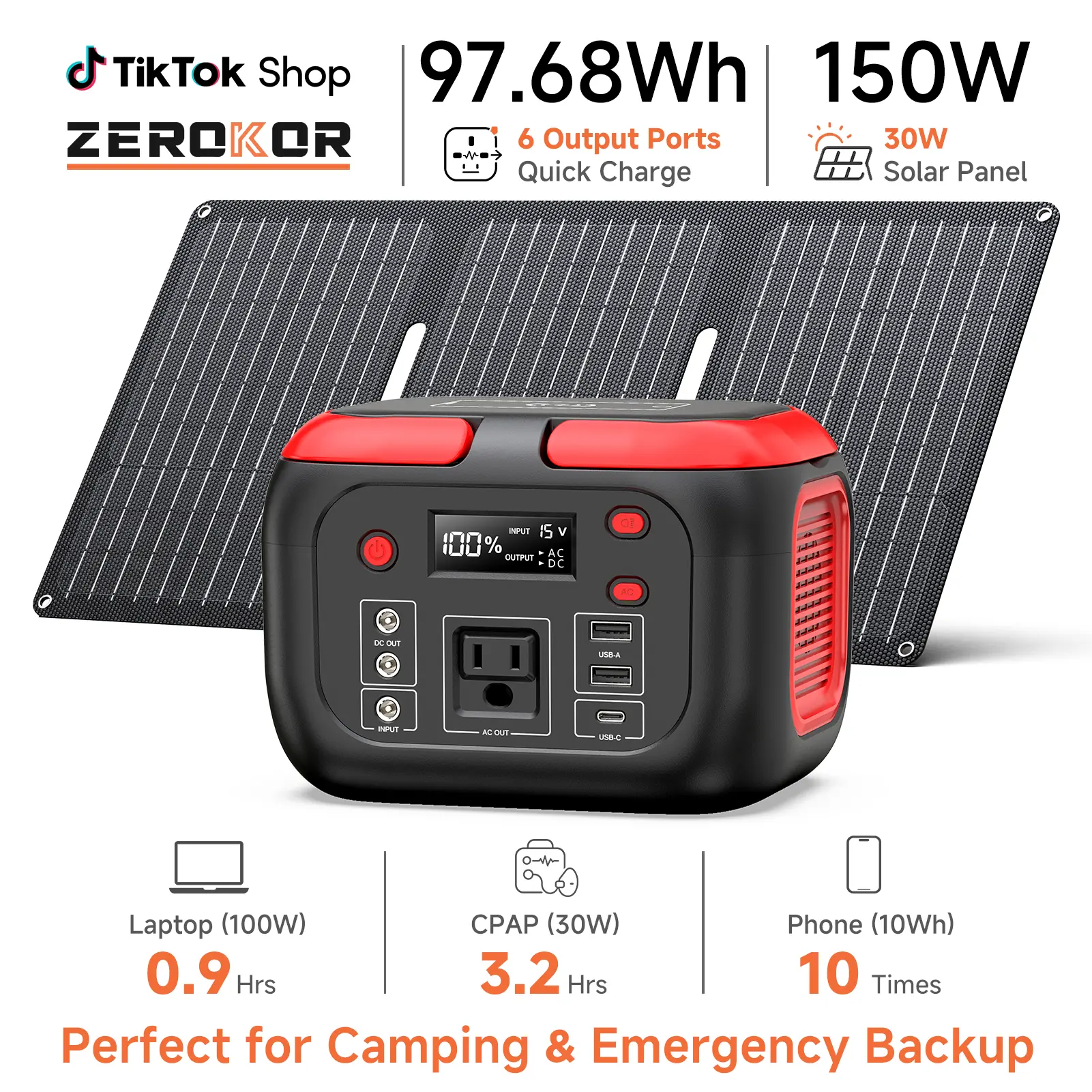 [ZeroKor] Multifunctional Rechargeable High Power Battery Power Bank, 150W 97Wh Portable Solar Supply with 30W Panel, LED Lights Emergency Battery Pack for Camping, Fishing