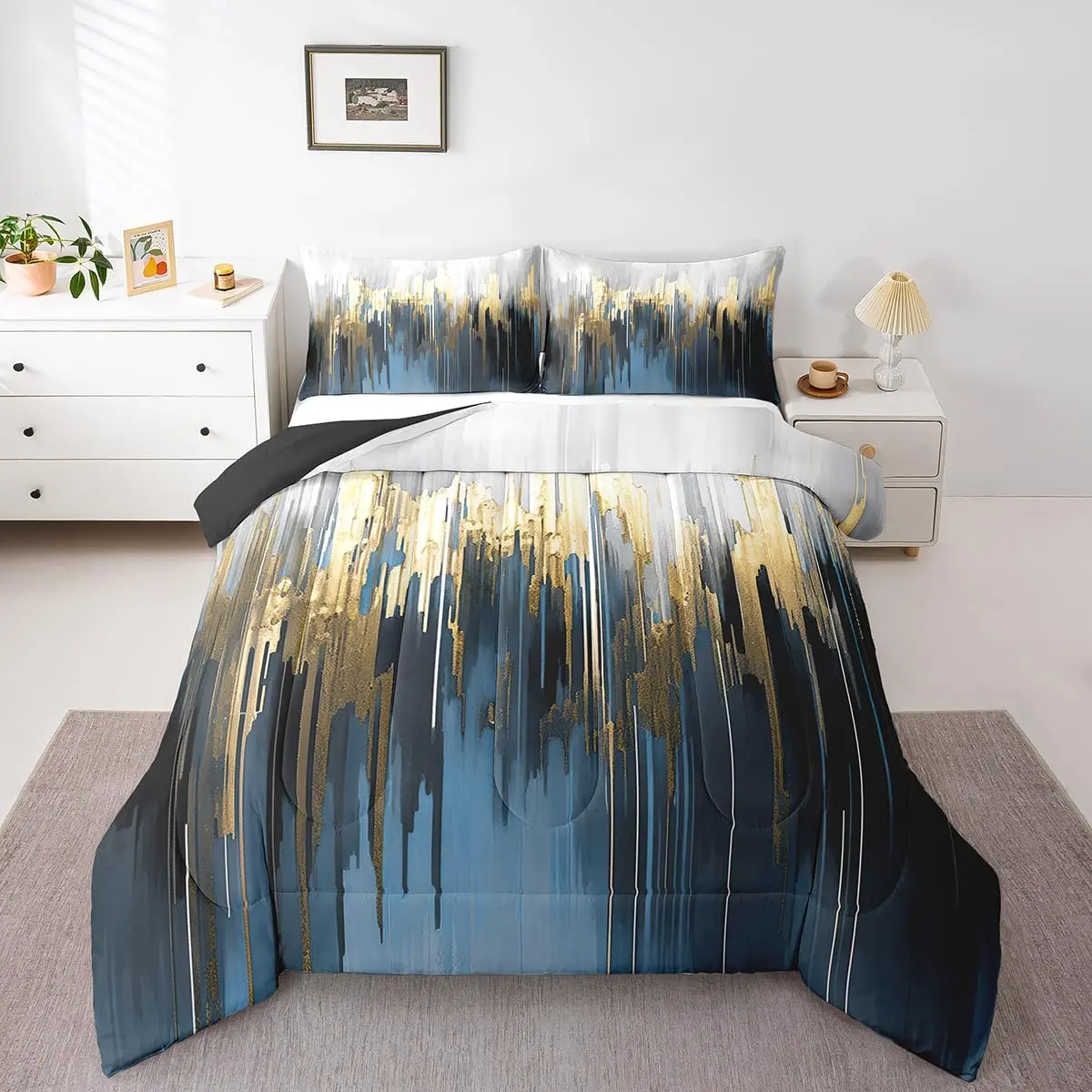 Feelyou Navy Blue Gradient Brush Marks Duvet Set - Watercolor Stripe Aesthetic, Greyish White Ombre Duvet Insert, Vintage Contemporary Breathable Microfiber Bedroom Bedding Set, Machine Washable Down Comforter, Duvet Cover Sets