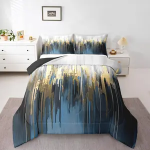 Navy Blue Gradient Brush Marks Comforter Set,Watercolor Stripe Aesthetic,Greyish White Ombre Duvet Insert,Vintage Contemporary Down Comforter