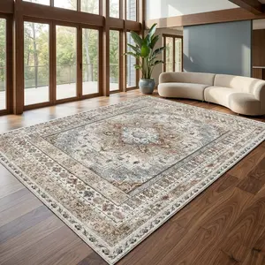 Vintage Persian Area Rug 8x10 5x8 4x6 ft. Super Soft Velvet Washable Carpet with TPR Non-Slip Backing. Distressed Medallion Indoor Floor Mat for Living Room Bedroom Dining. Pet Friendly Easy Clean Cozy Room Decor Suitable for Any Scene in Your Home.