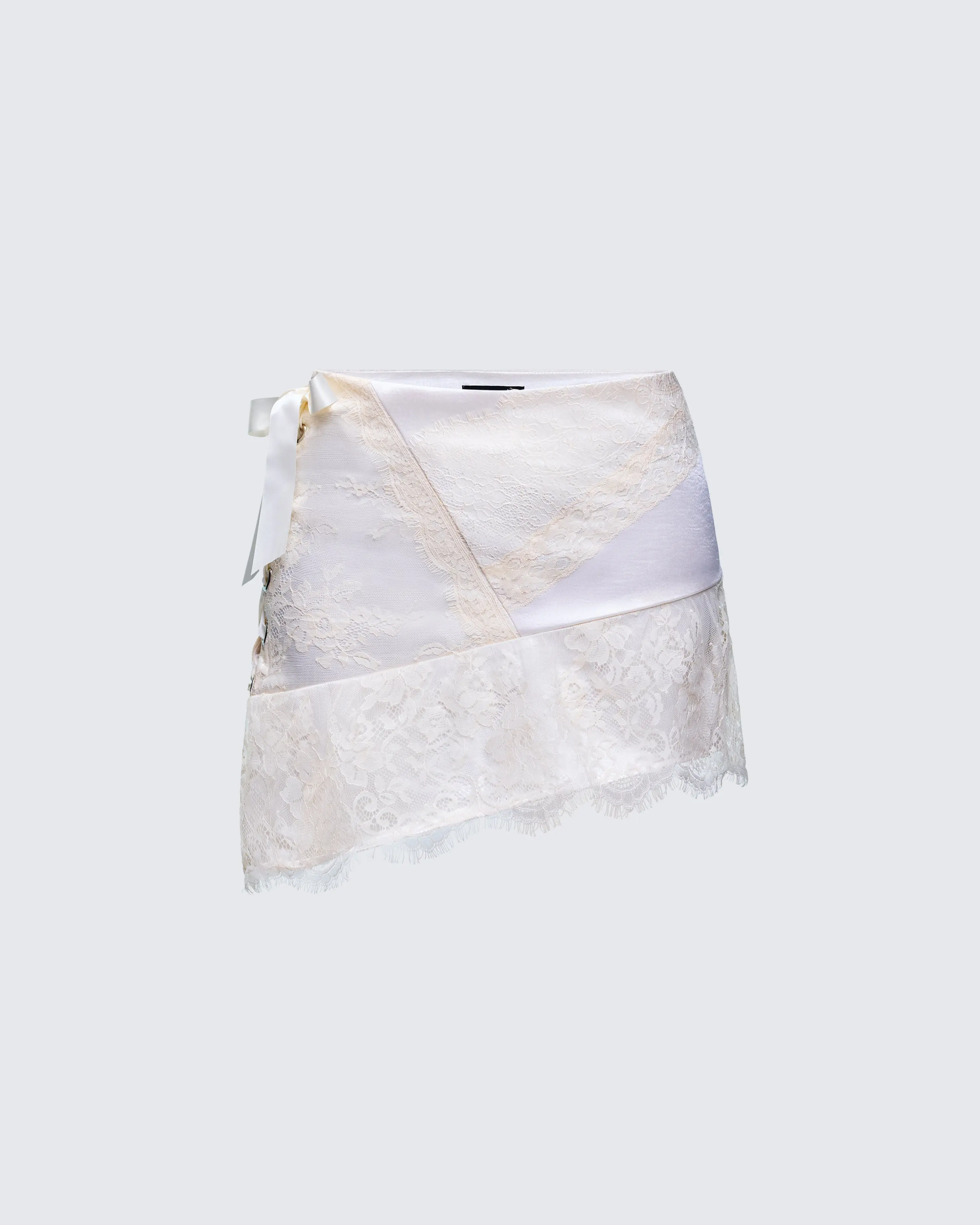 Women's Asymmetric Mini Skirt in Soft Tan Polyester, Layered with Sheer Lace and a Satin Ribbon Side Tie, Bottom, Minilength, Wrap Around Skirts, Diagonal Hemline, Solid, Tiered Layer, Mini Skirts