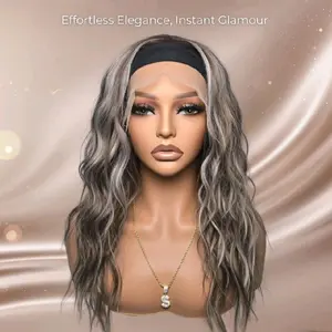 Watered Souls Angie brunette with white and grey frost highlight.  Headband wig with premium synthetic wig.  High quality fibers, 120 density, gorgeous layers, 20-23 inch layers. Heat Tolerance 350. She comes with a free wig cap and free gift.