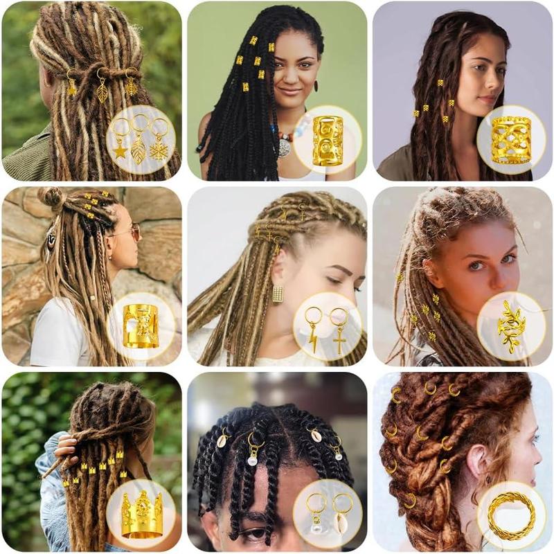259 Pcs Hair Jewelry for Braids, Loc Jewelry for Hair Dreadlock, Charm Accessories for Women, Metal Gold Braids Rings Cuffs Clips for Dreadlock Accessories Clips Rings Extensions Decorations