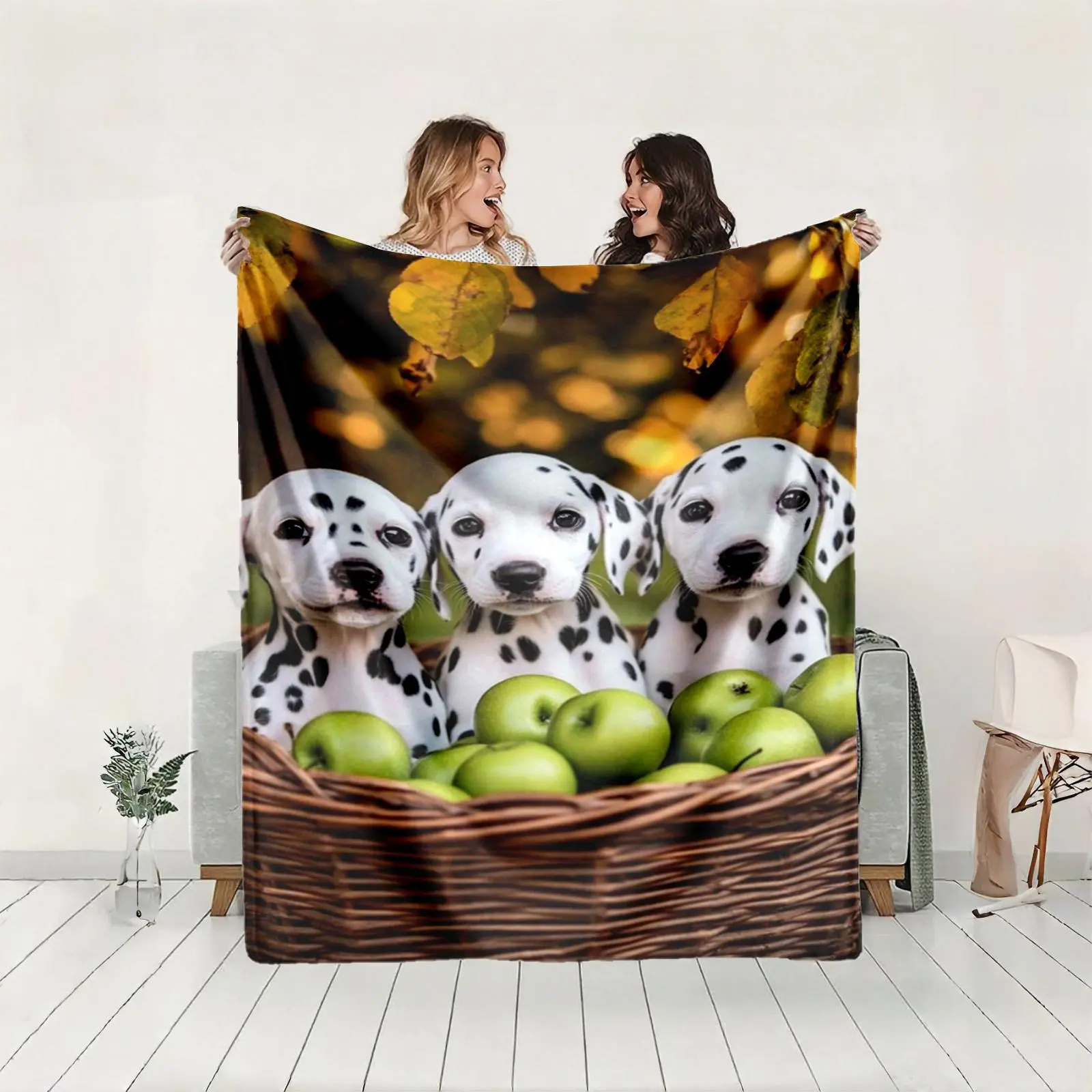 1 piece Three spotted Dalmatian dogs with a basket of green apples themed flannel blanket - Modern-style flannel blanket, suitable for sofas and beds, all-season use, super soft and comfortable, digital printing, 100% polyester material, machine