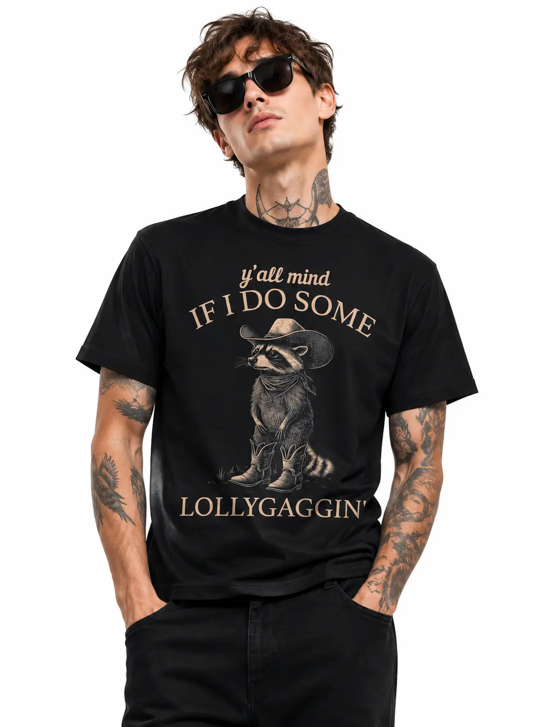 Y’all Mind If I Do Some Lollygaggin’  Cotton Plus Size Unisex Graphic T-Shirt,Soft Comfortable Unisex Oversized Tee,Funny Cowboy Raccoon Graphic Design, Vintage Western Y2K Casual Shirt, Summer Everyday Outfit,Perfect Gift For Cowboy Lovers & Western Styl