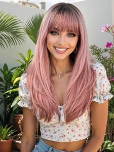 24 Inch Long Curly Wig with Bangs, Loose Wave Wigs, Soft Synthetic Hair for Cosplay & Halloween Costume, Natural Comfortable Daily Wear for Women, Synthetic Material Wigs