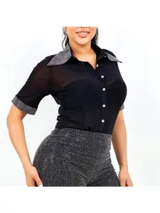 Women's Elegant Sophia Collared Short-Sleeve Rhinestone Blouse - Sparkle Detail Shirts for Warmer Weather