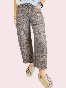 Women's Khaki Leopard Print Wide Leg Jeans with Drawstring Waist and Pockets for Everyday Wear