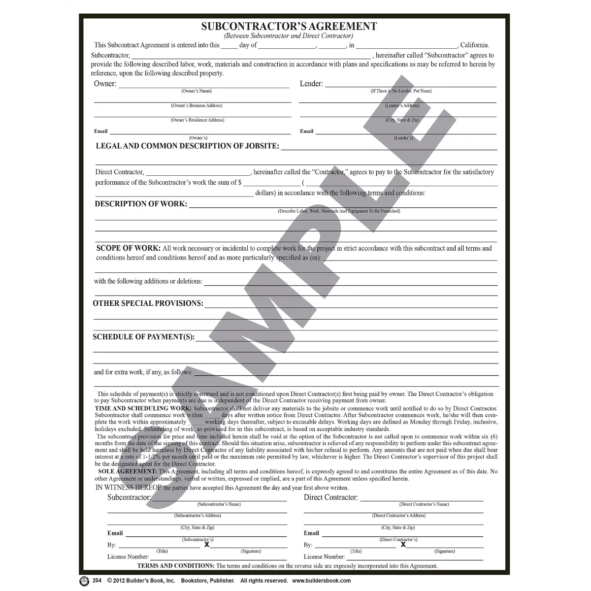 204 - Subcontractor's Agreement (Pack of 25 Forms)