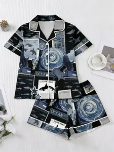 Women's Two-Piece Deep Sea Whale Print Sleepwear Set, Summer Short Sleeve Shorts, Ocean Style Home Wear Suit