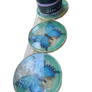 Handmade epoxy resin Turquoise butterfly coaster set of 4