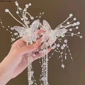 2Pcs Crystal Butterfly Tassel Hair Clips, Sparkly Bridal Hair Accessories, Elegant Barrettes for Wedding, Photoshoot & Party, Ideal Gift for Women