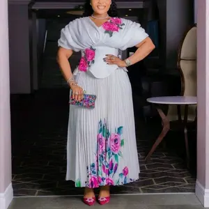 Elegant Floral Maxi two-piece set with Pleated Skirt and Embroidered Top for Women