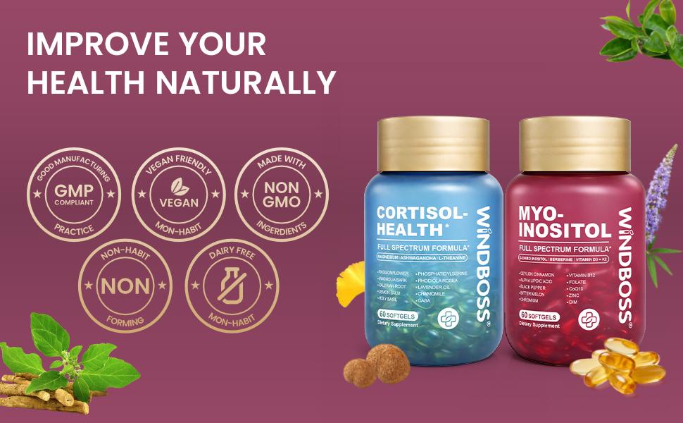 WindBoss Cortisol Support + Myo-Inositol with Vitamins D3 & K2, Magnesium, KSM-66 Ashwagandha and L-Theanine, for Hormonal Balance and Healthy Metabolism, 2-Bottle Set