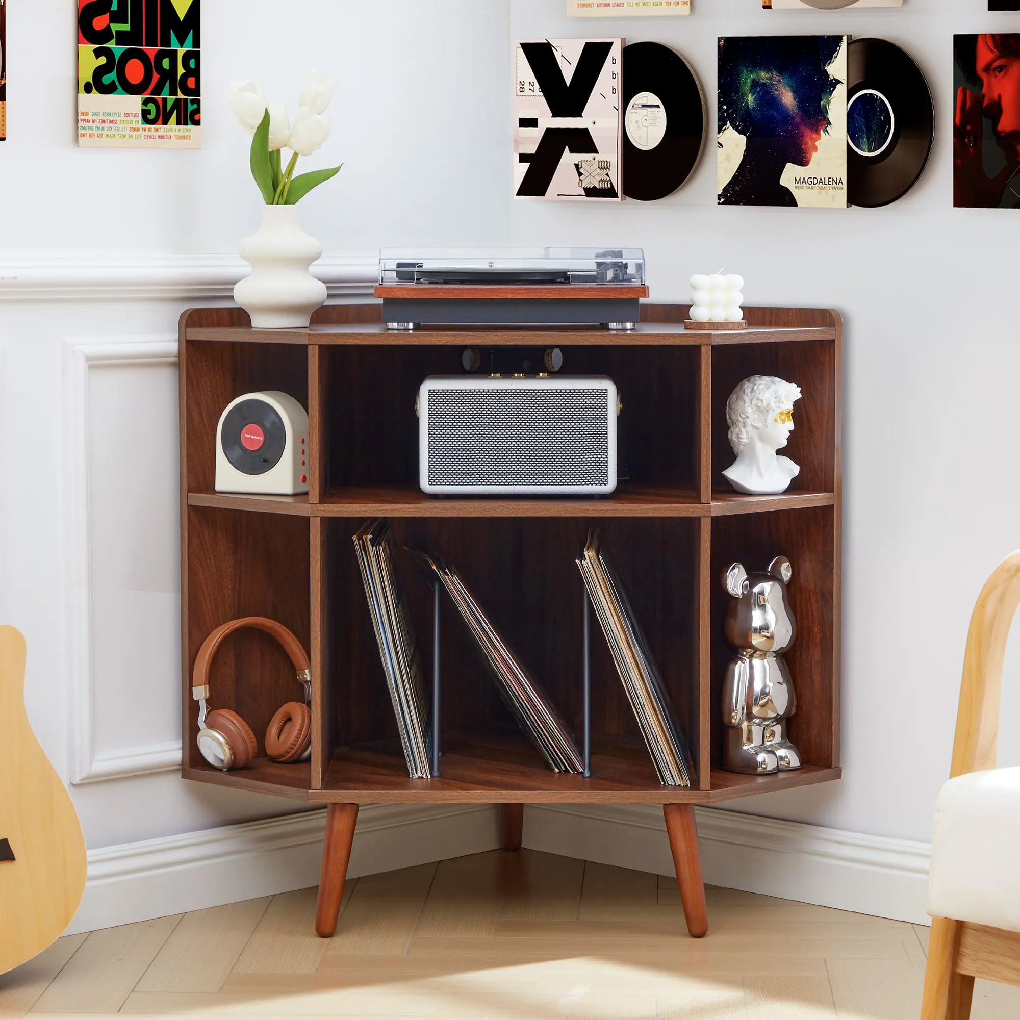 Giratree Corner Record Player Stand with Charging Station, 3-tier vinyl record storage cabinet with USB ports for living room, music room, and small spaces