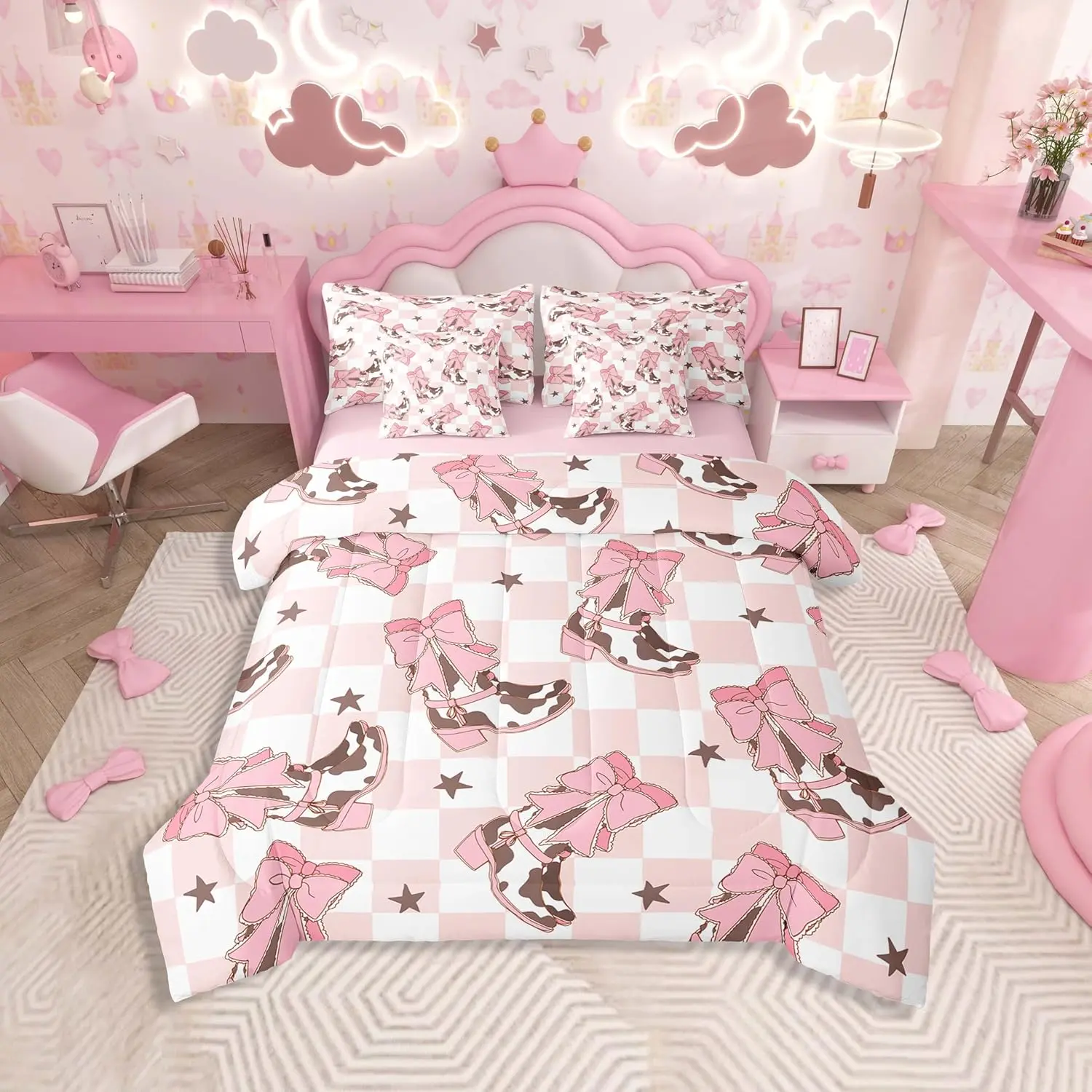 Feelyou 7-Piece Pink Western Bed Set - Queen/King Size, All-Seasons Cowgirl-Vibes Bed-in-A-Bag with Bowknot, Plaid, Colorblock Patchwork Quilt Cover, Breathable Soft Blanket, Machine-Washable Microfibre Linens for Western Home Decor