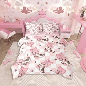 Pink Western Bedding Set,All Season Cowgirl Cowboy Boots Comforter Set,7 Pieces Cute Bowknot Bed in A Bag,Plaid Bed Set Breathable Soft Blanket Colorblock Patchwork Design Quilt Cover Set