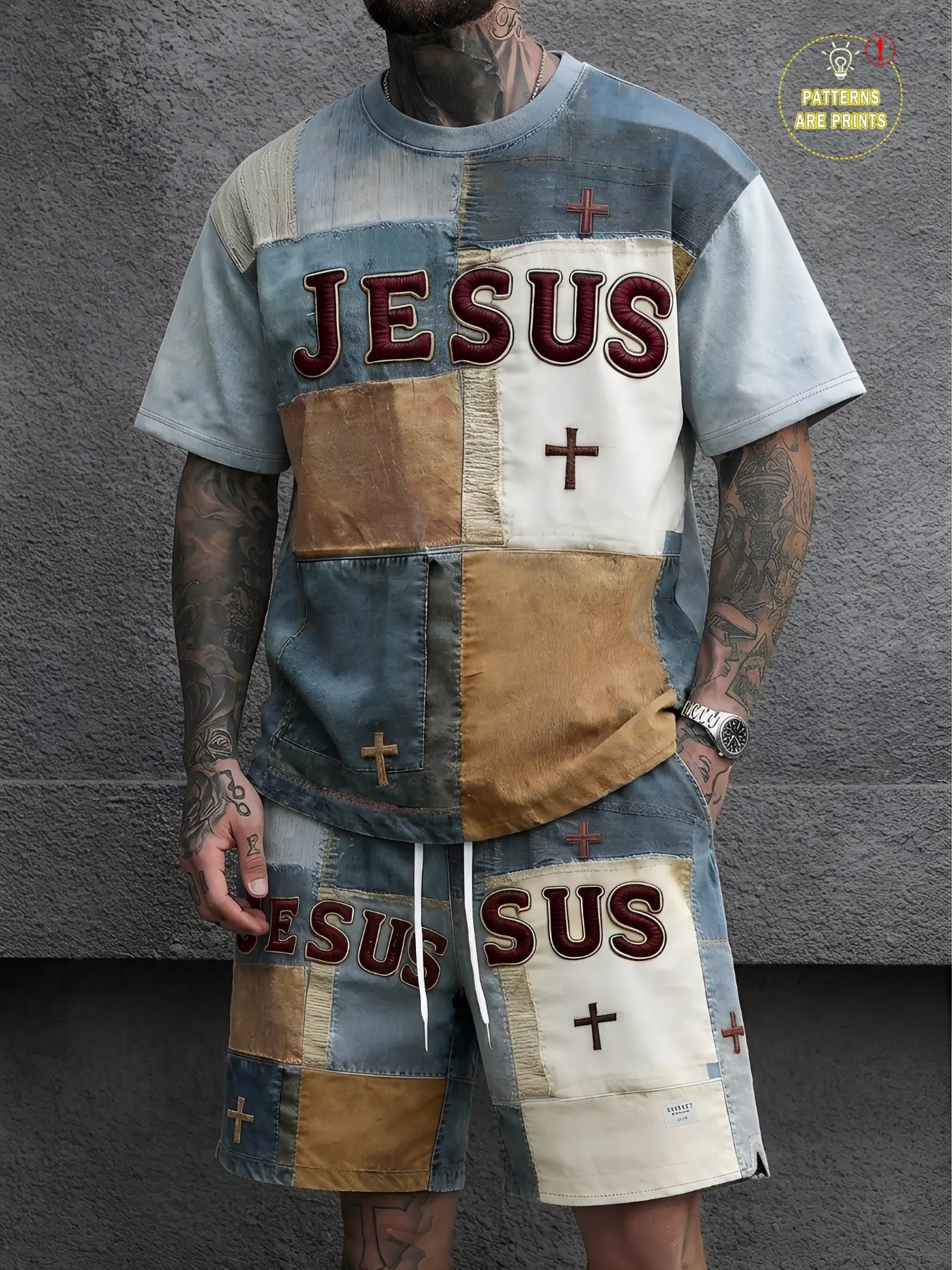 Men's Jesus Cross Patchwork Print 2-Piece Tracksuit Set | Lightweight Breathable Polyester, Vintage Denim Wash Faux Patchwork, "JESUS" Embossed Letter & Cross Graphic, Crew Neck T-Shirt + Drawstring Shorts, Oversized Streetwear Outfit,