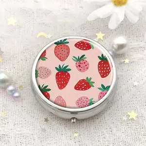 Strawberry Pattern Round Pill Box, 1pc 3 Compartment Mini Decorative Pocket Box, Portable Travel Medicine Tablet Vitamin Holder Organizer, Healthcare